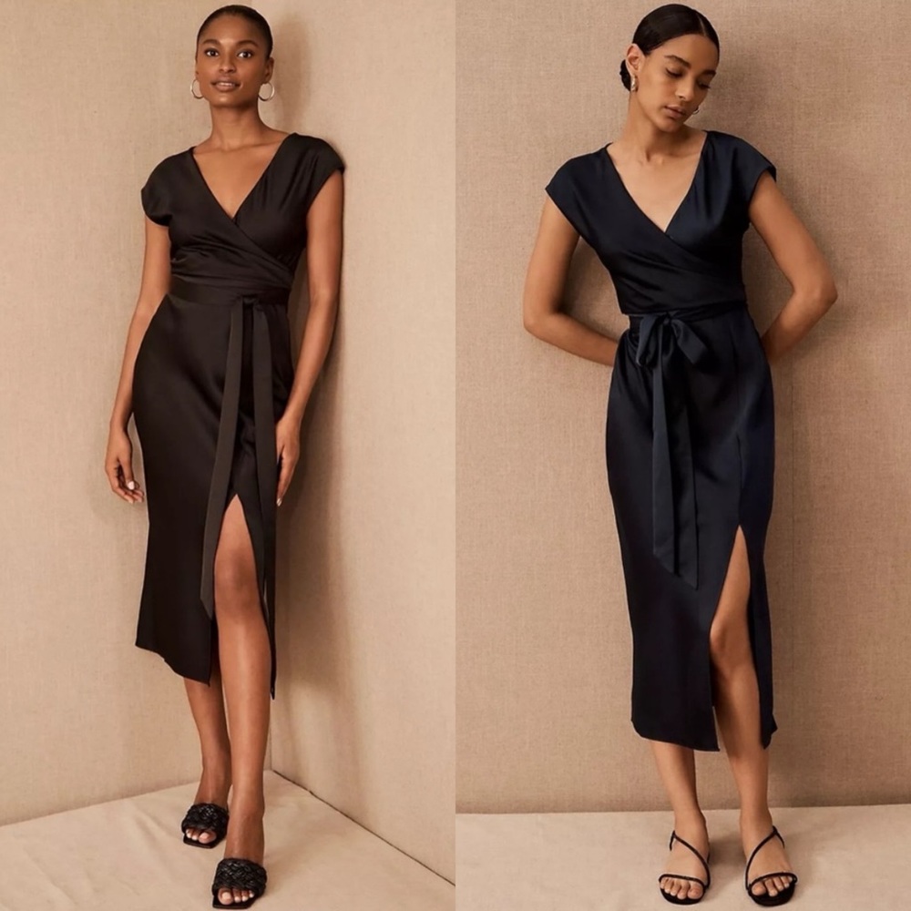 NWT BHLDN Anthropologie Louisa Charmeuse Satin Wrap Midi Dress Black